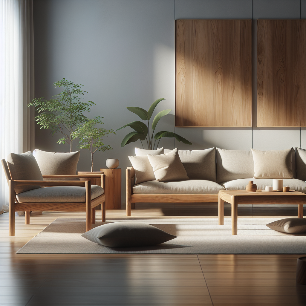 Sofa kayu jati model terbaru dengan desain minimalis dan cushion warna netral