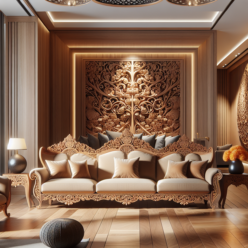 Sofa Kayu Jati dengan ukiran Jepara dan finishing natural