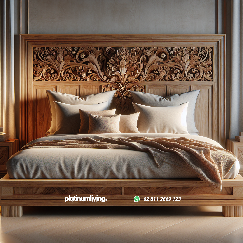 Tempat Tidur Jati Desain Elegan: Kombinasi Keindahan dan Kekuatan untuk Kamar Impian Anda 1 Tempat tidur jati desain elegan dengan finishing alami di kamar modern