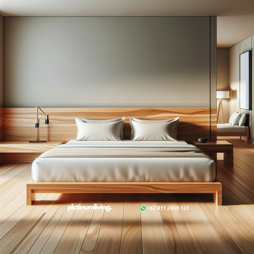 Tempat Tidur Jati Minimalis untuk Hotel: Solusi Elegan dan Tahan Lama 1 Tempat tidur jati minimalis modern di kamar hotel yang elegan
