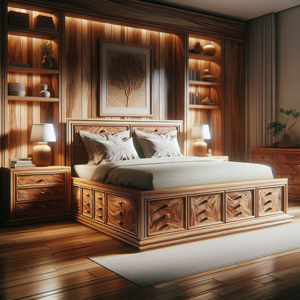 Tempat tidur jati dengan laci model Baleendah di kamar yang hangat