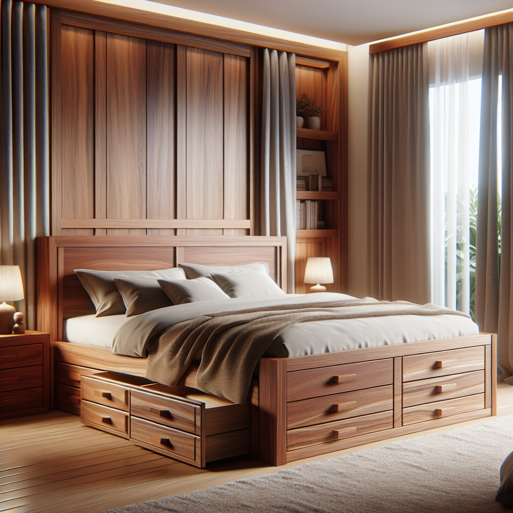 Tempat tidur jati dengan model laci berwarna natural di kamar tidur modern