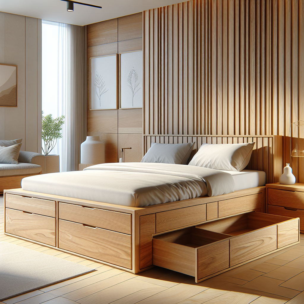 Tempat tidur jati dengan laci penyimpanan di kamar minimalis modern