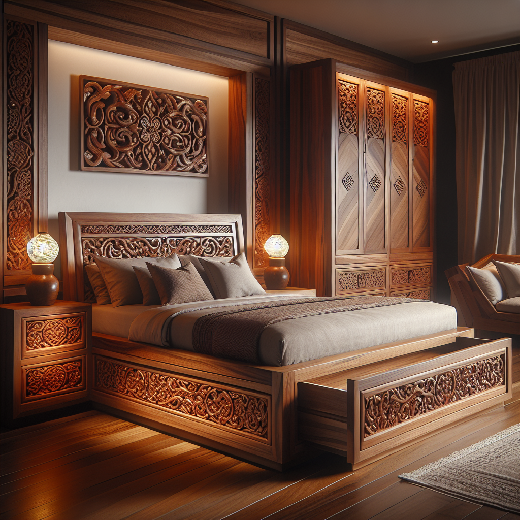 Tempat tidur kayu jati model laci dengan ukiran Cilengkrang yang elegan