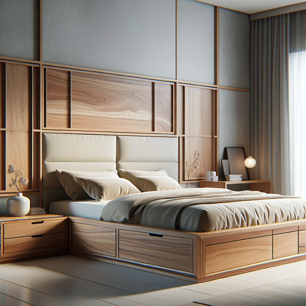 Tempat tidur kayu jati model laci dengan desain elegan di kamar modern