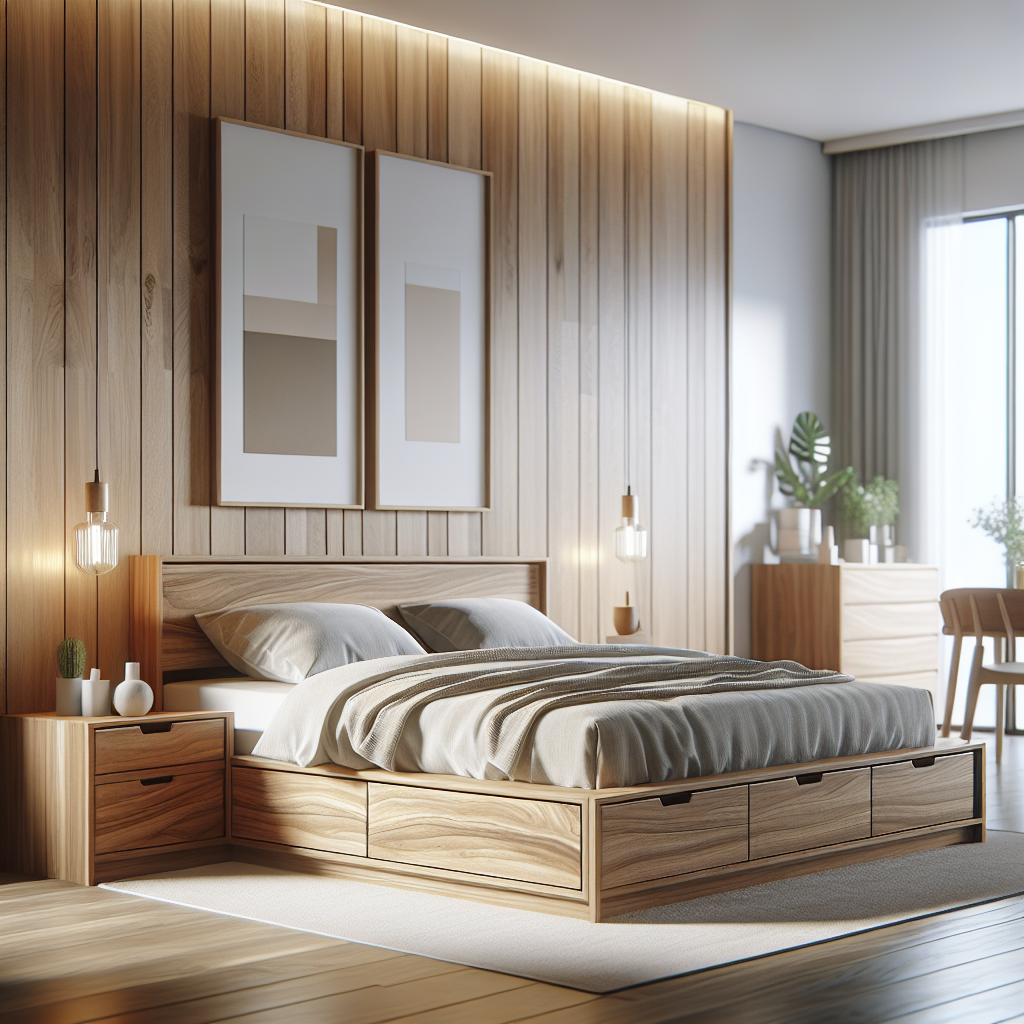 Tempat tidur kayu jati dengan laci model Cililin di kamar tidur minimalis