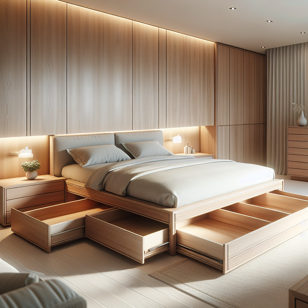 Tempat tidur jati dengan laci bawah berdesain elegan di kamar tidur modern