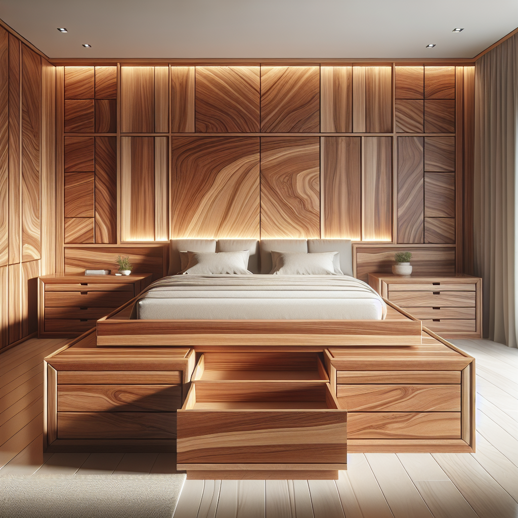 Tempat tidur kayu jati dengan laci di bawah ranjang di kamar tidur minimalis modern
