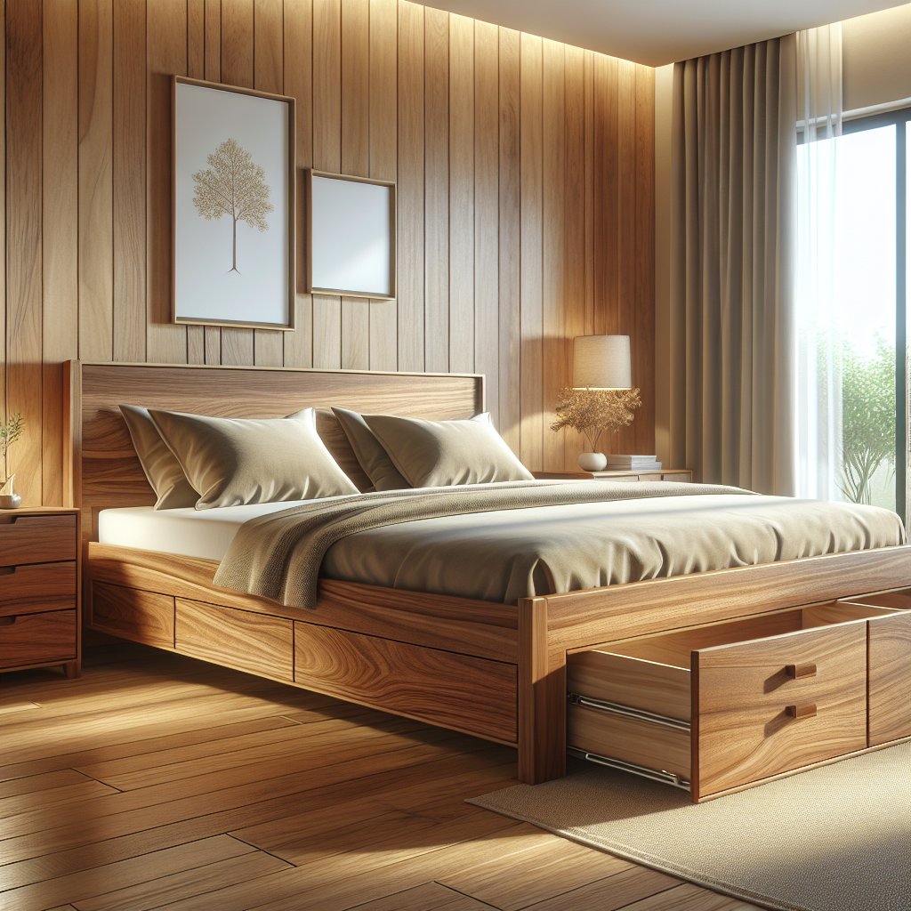 Tempat tidur jati dengan laci model Cisarua di kamar tidur modern