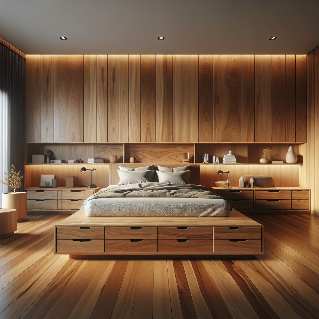 Tempat tidur jati dengan laci berbahan kayu jati natural di kamar tidur minimalis