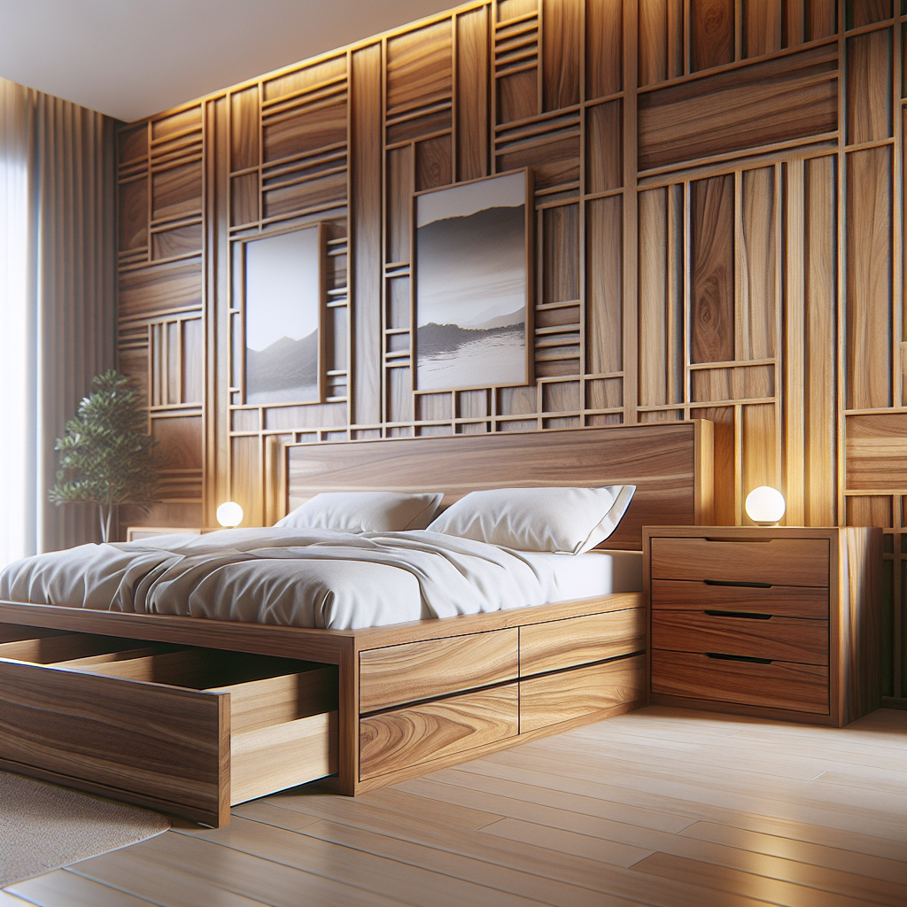 Tempat tidur kayu jati dengan model laci built-in di kamar minimalis