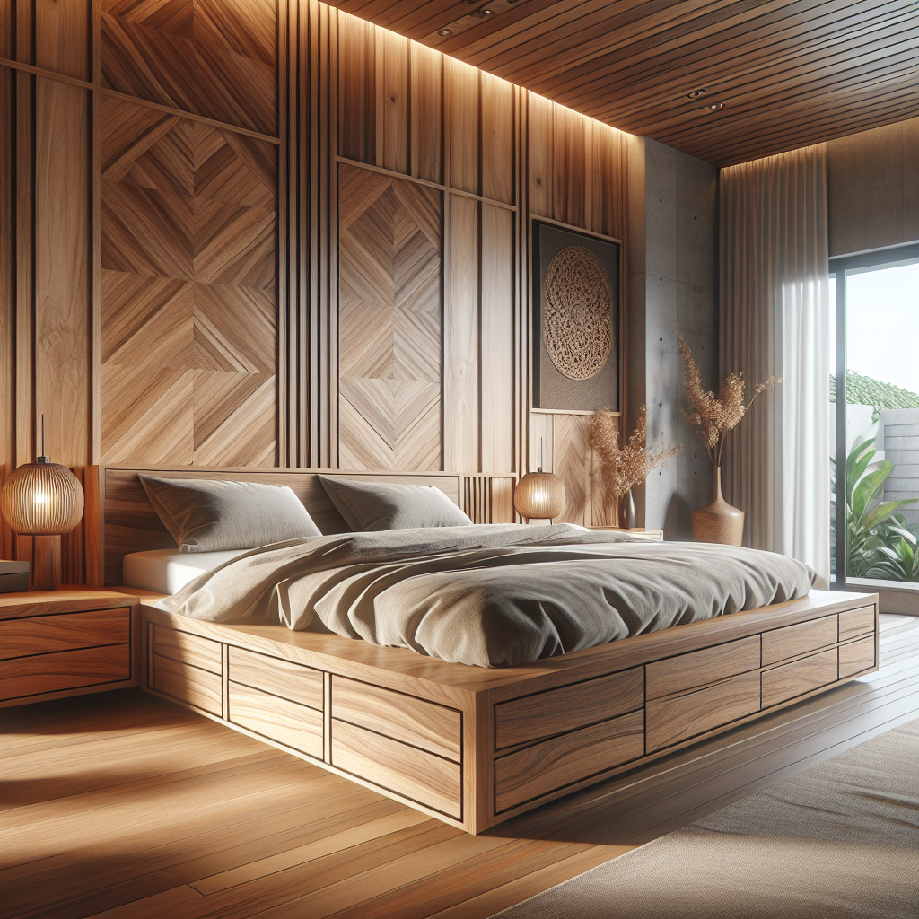 Tempat tidur jati dengan laci penyimpanan di kamar modern