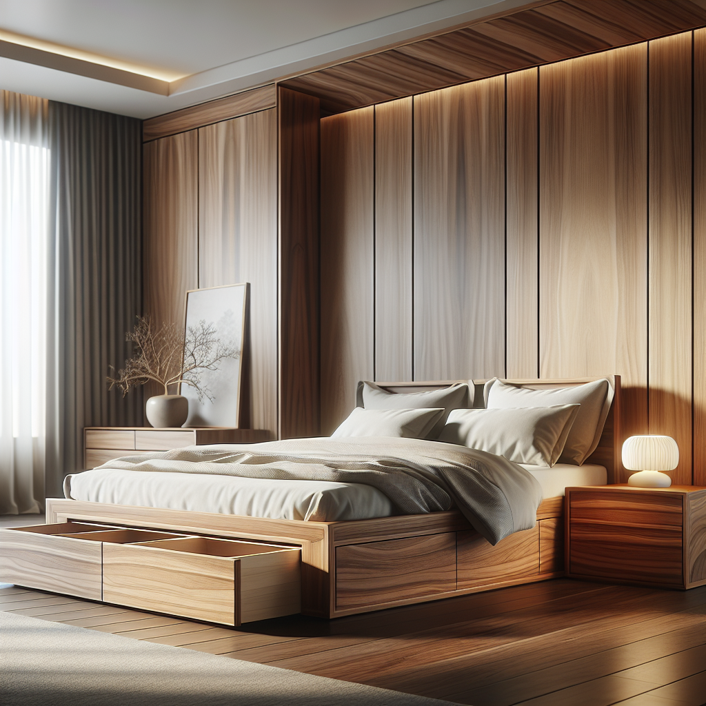 Tempat tidur jati dengan model laci di kamar modern