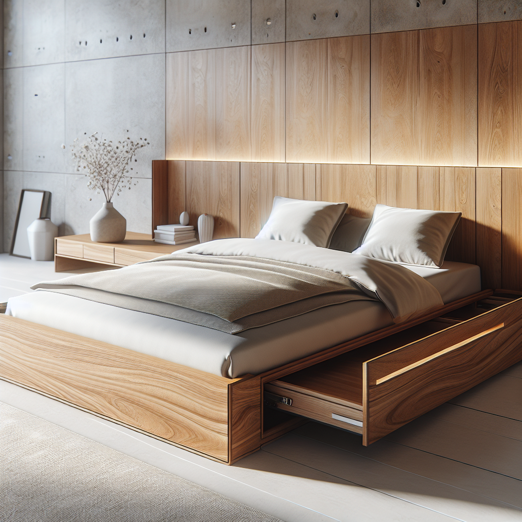Tempat tidur kayu jati dengan laci penyimpanan di kamar tidur minimalis