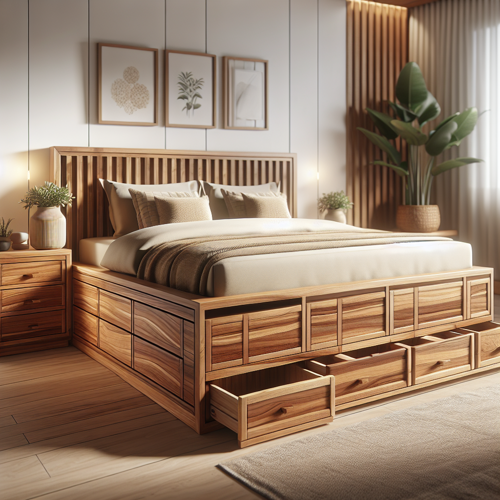 Tempat tidur kayu jati dengan laci di bawahnya di kamar tidur minimalis