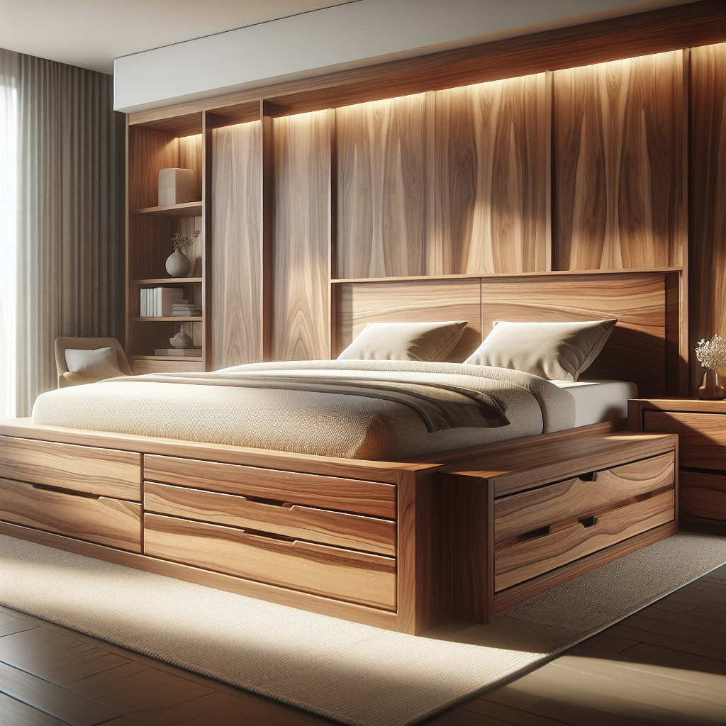 Tempat tidur kayu jati dengan laci bawah terintegrasi di kamar tidur modern