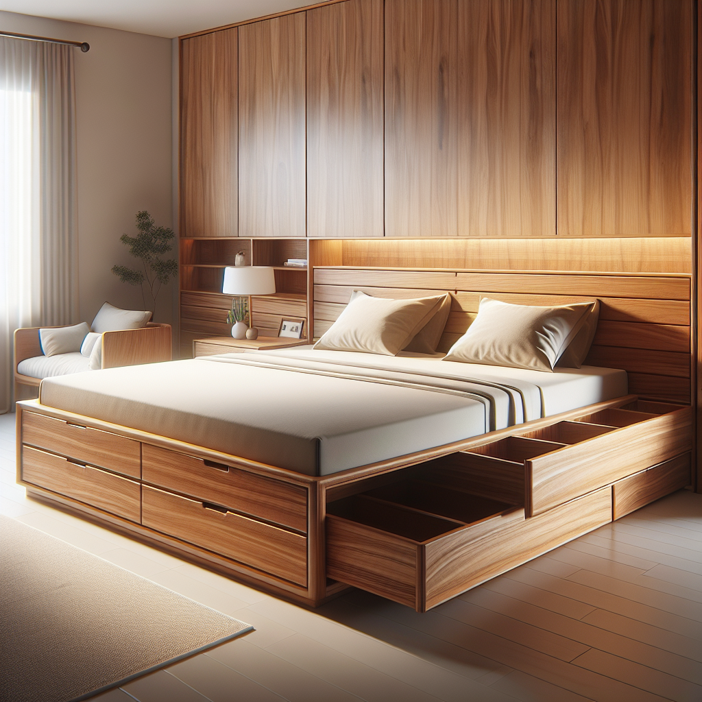Tempat tidur jati dengan laci di bawah kasur, desain minimalis dan elegan