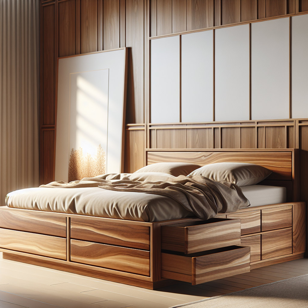 Tempat tidur jati dengan model laci Koja berdesain minimalis di kamar tidur modern