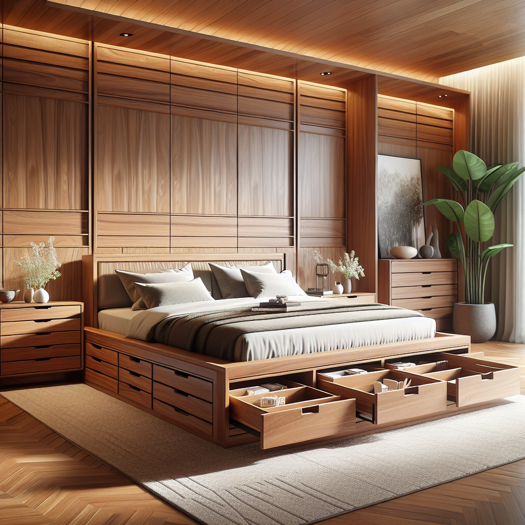 Tempat tidur jati model laci Lembang dengan desain modern dan laci penyimpanan