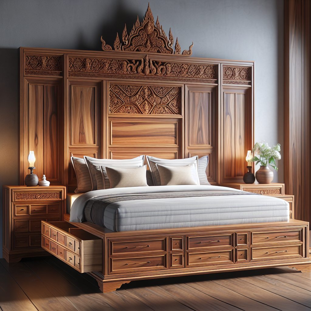 Tempat tidur kayu jati dengan laci penyimpanan pada desain Ngamprah di kamar tidur minimalis
