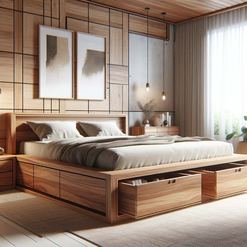 Tempat tidur kayu jati dengan laci bawah model Pancoran di kamar tidur modern