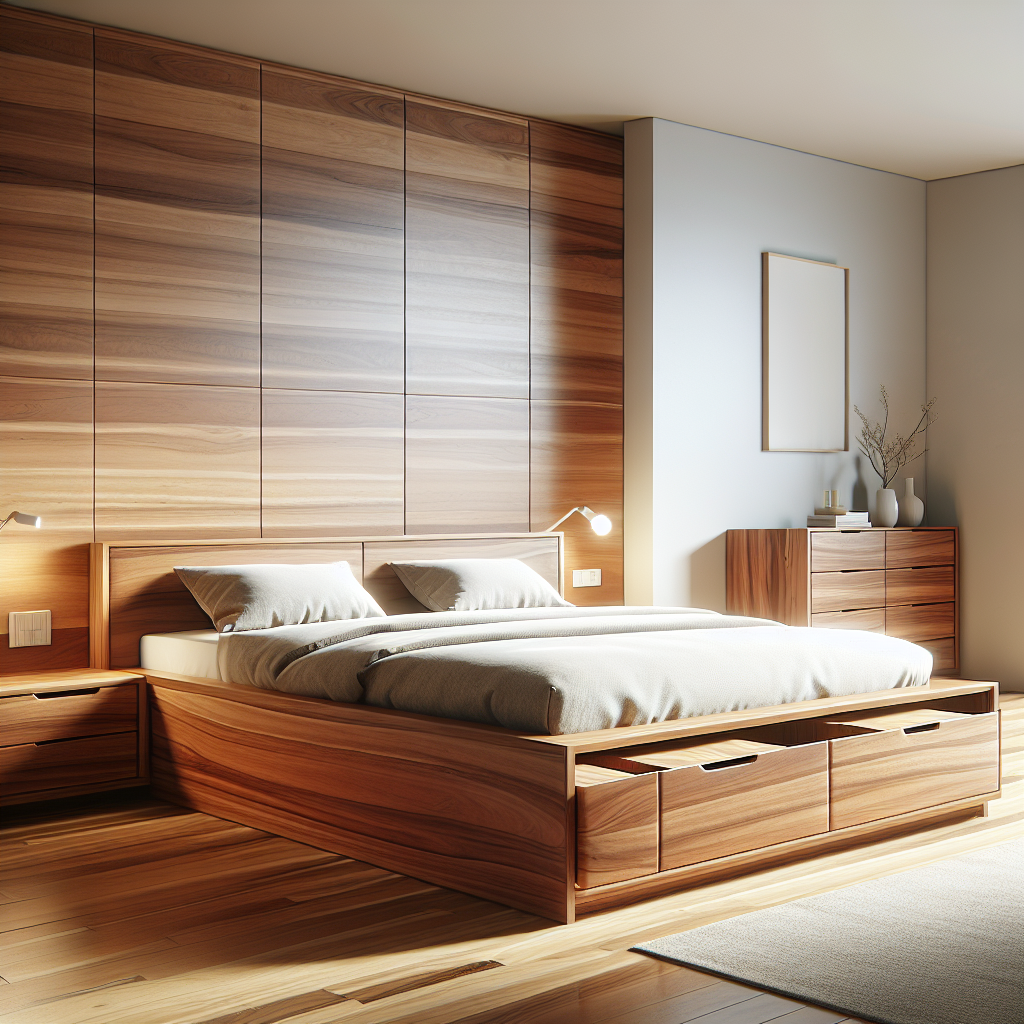 Tempat tidur kayu jati dengan laci penyimpanan di kamar tidur minimalis