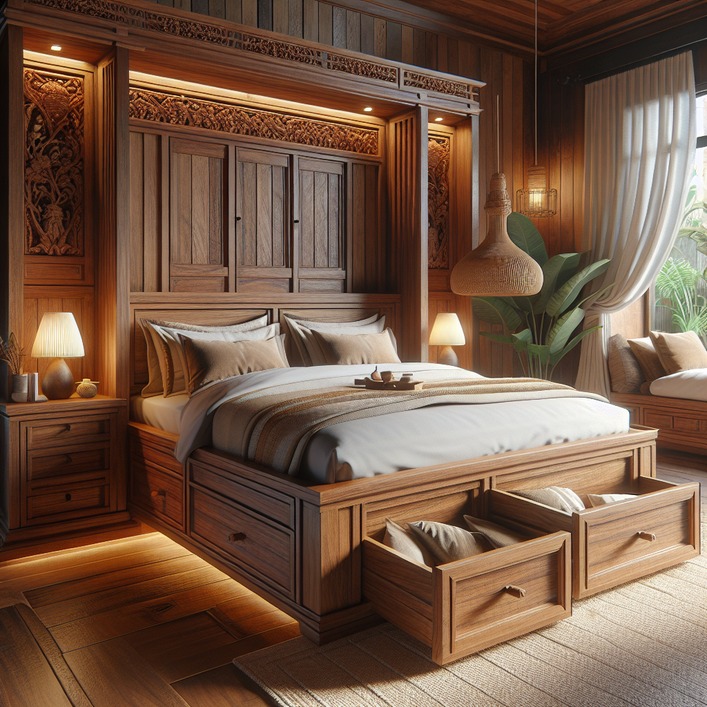 Tempat tidur jati dengan laci penyimpanan bergaya Pesanggrahan