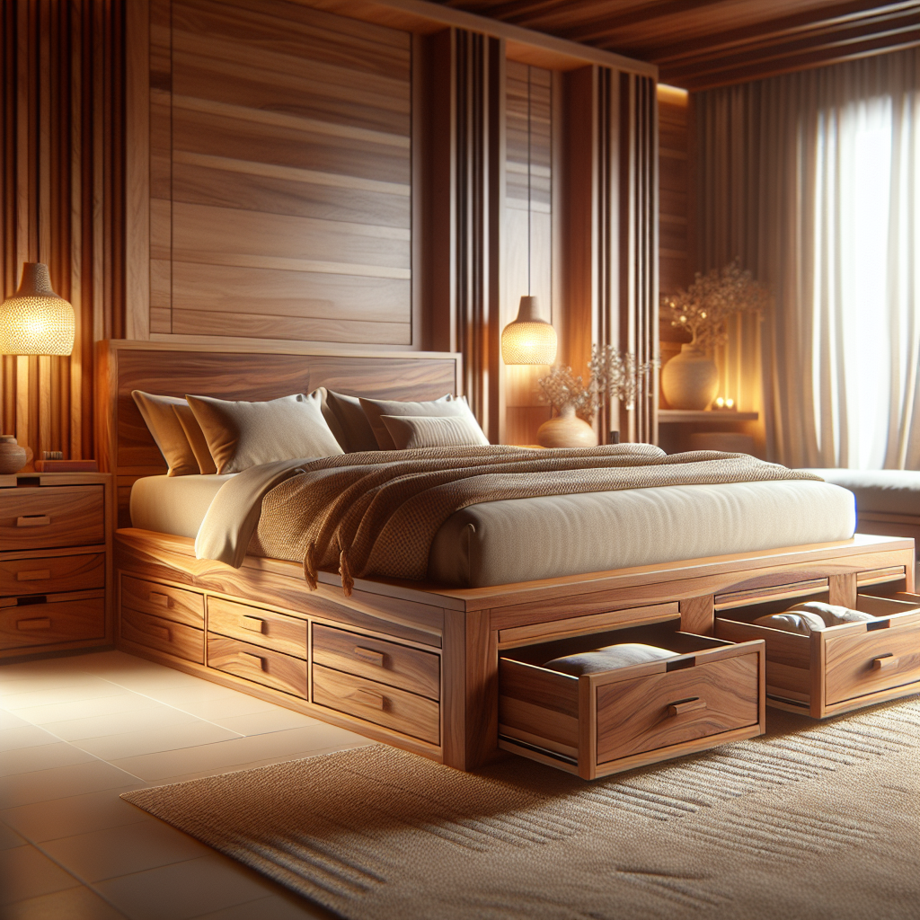 Tempat tidur kayu jati dengan laci penyimpanan di kamar modern