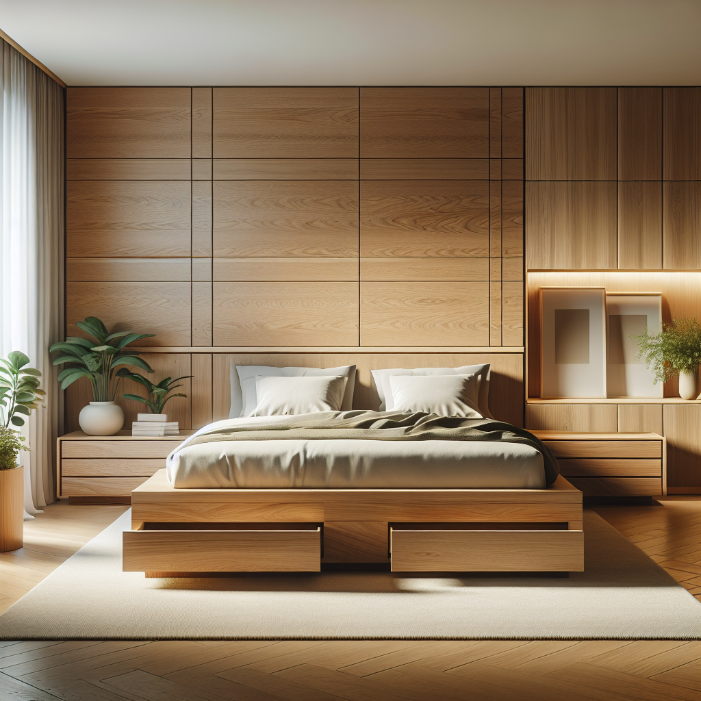 Tempat tidur kayu jati dengan laci geser di kamar tidur minimalis