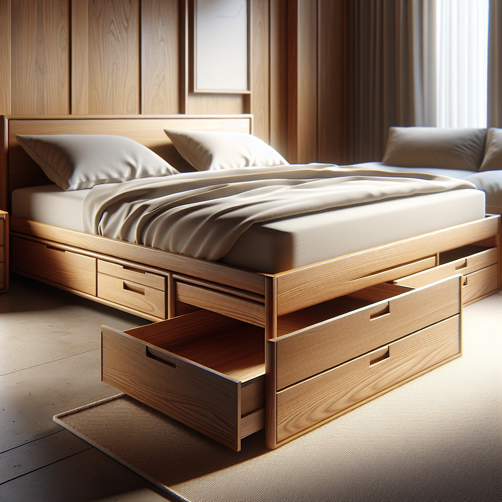 Tempat Tidur Kayu Jati dengan Laci Terintegrasi di Kamar Modern