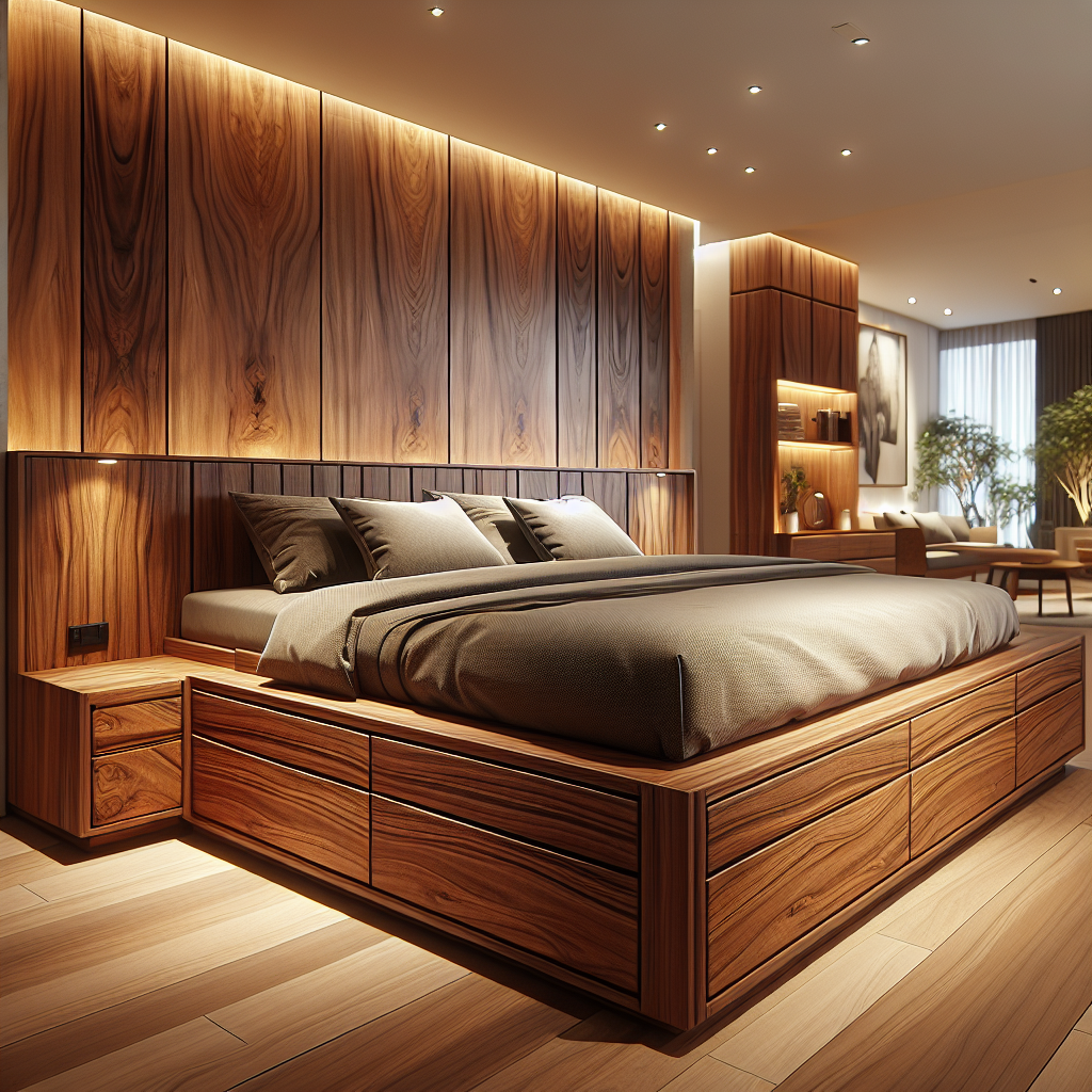 Tempat Tidur Jati Model Laci: Solusi Praktis dan Estetik di Jakarta Barat 1 Tempat tidur jati dengan laci built-in di kamar tidur modern dengan pencahayaan hangat