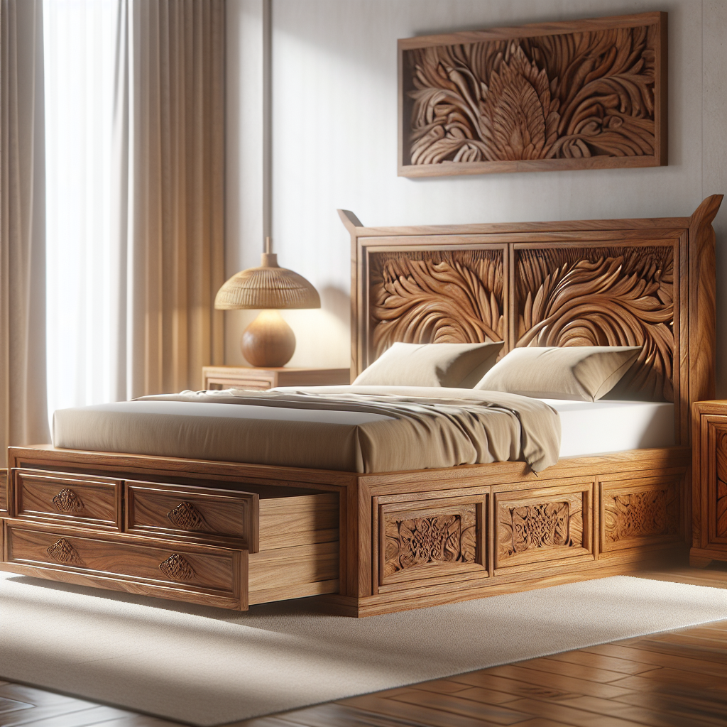Tempat tidur kayu jati dengan laci penyimpanan di kamar tidur elegant