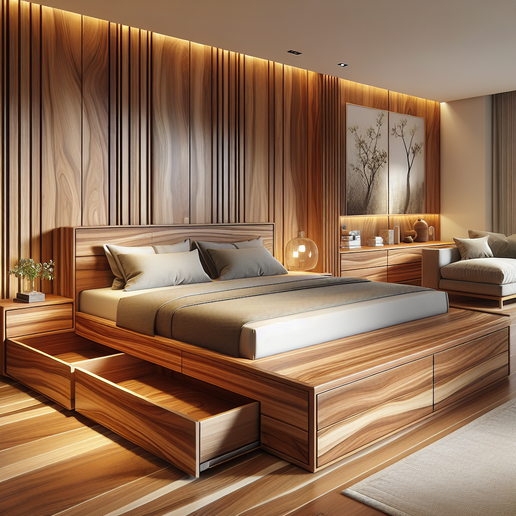 Tempat tidur kayu jati dengan laci penyimpanan di kamar modern