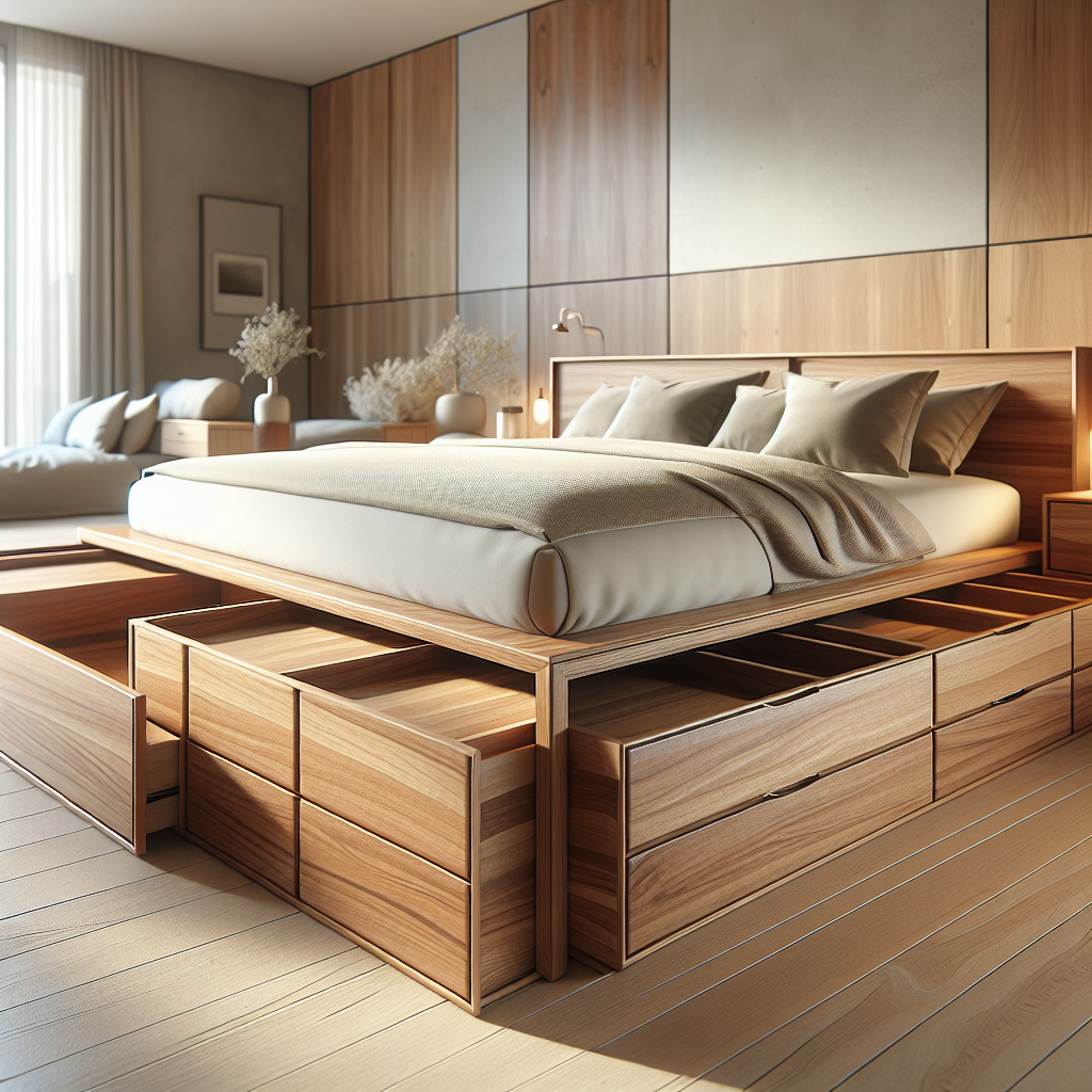 Tempat tidur kayu jati dengan laci penyimpanan di kamar minimalis