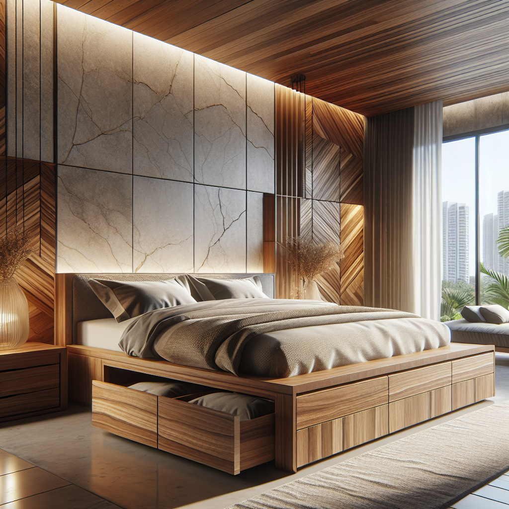Tempat tidur jati dengan laci di kamar tidur modern