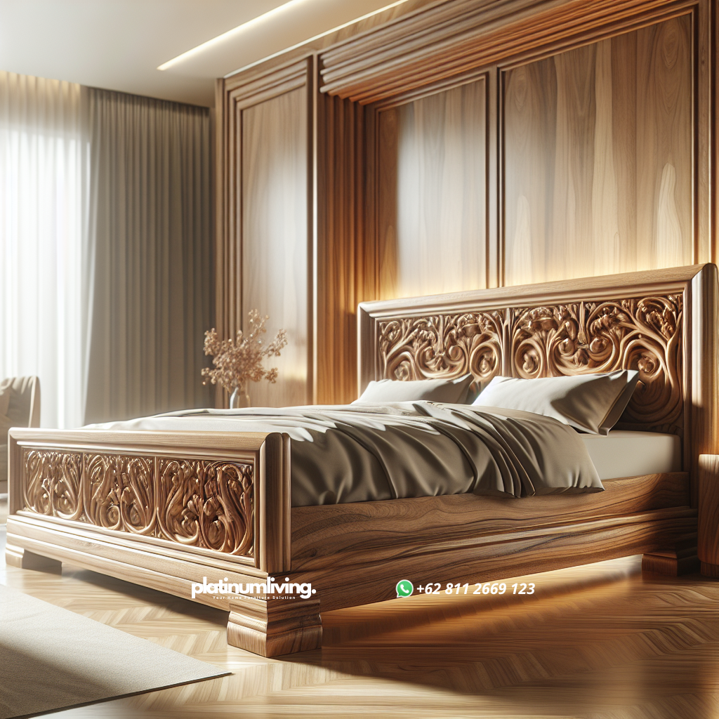 Tempat Tidur Jati Solid Berkualitas Ekspor untuk Hunian Mewah Anda 1 Tempat tidur jati solid dengan desain elegan dan finishing halus
