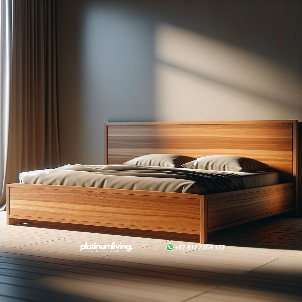 Minimalist teak wood bed in a modern bedroom