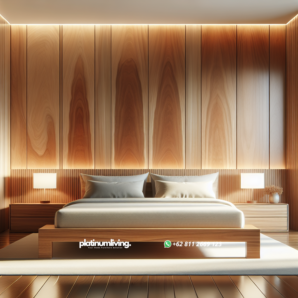Tempat tidur kayu jati minimalis dengan desain modern di kamar tidur yang terang