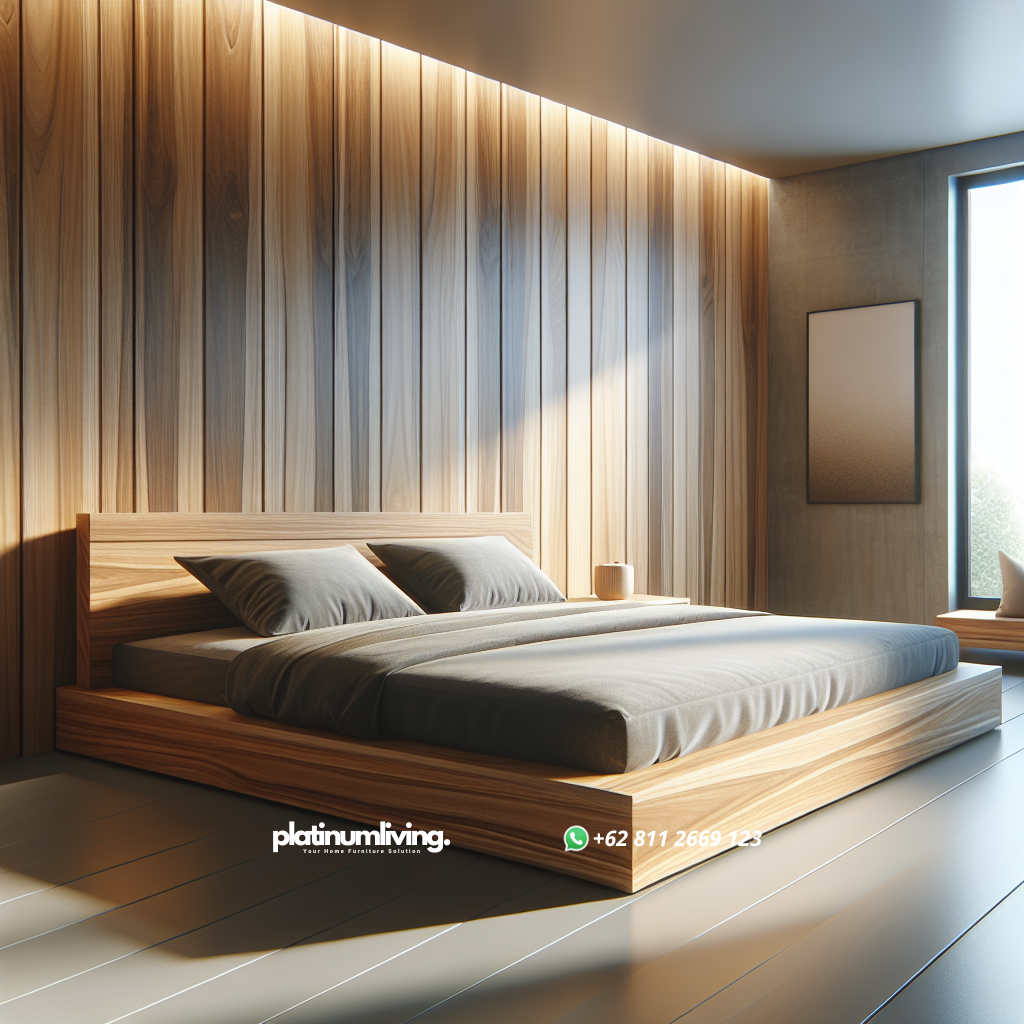 Tempat tidur minimalis dari kayu jati dengan desain modern dan warna coklat keemasan