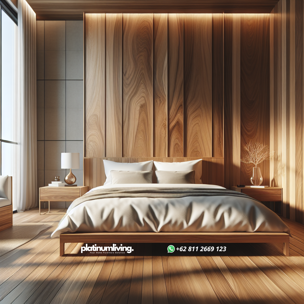 Tempat tidur minimalis dari kayu jati dengan desain sederhana dan elegan di kamar tidur modern
