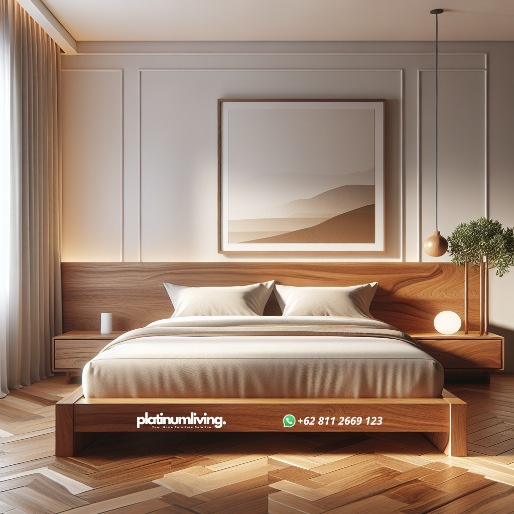 Minimalist teak wood bed in modern bedroom