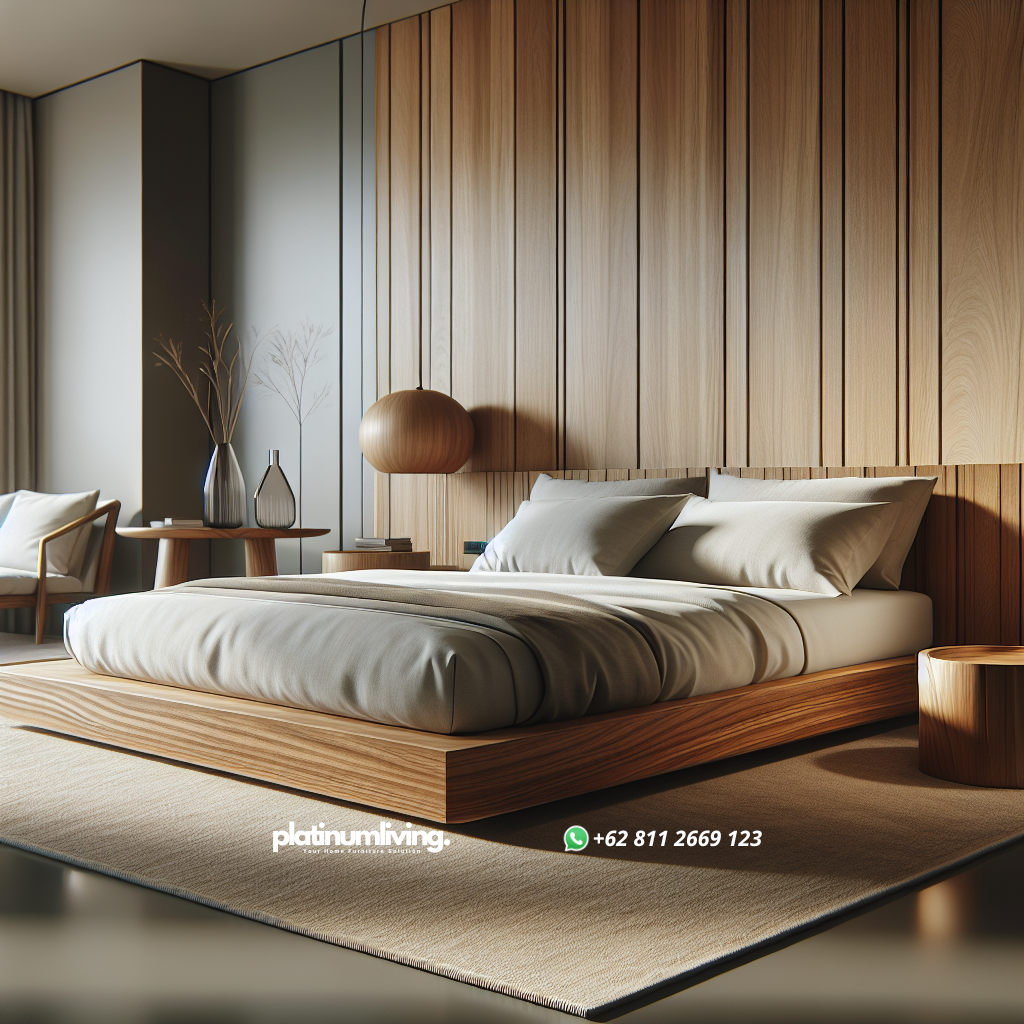 Tempat tidur minimalis dari kayu jati dengan desain elegan di kamar modern