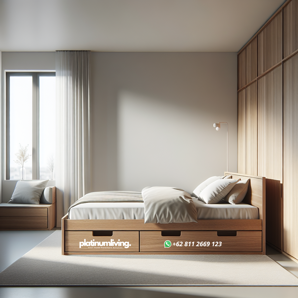 Tempat tidur minimalis dari kayu jati dengan laci penyimpanan di kamar kosan