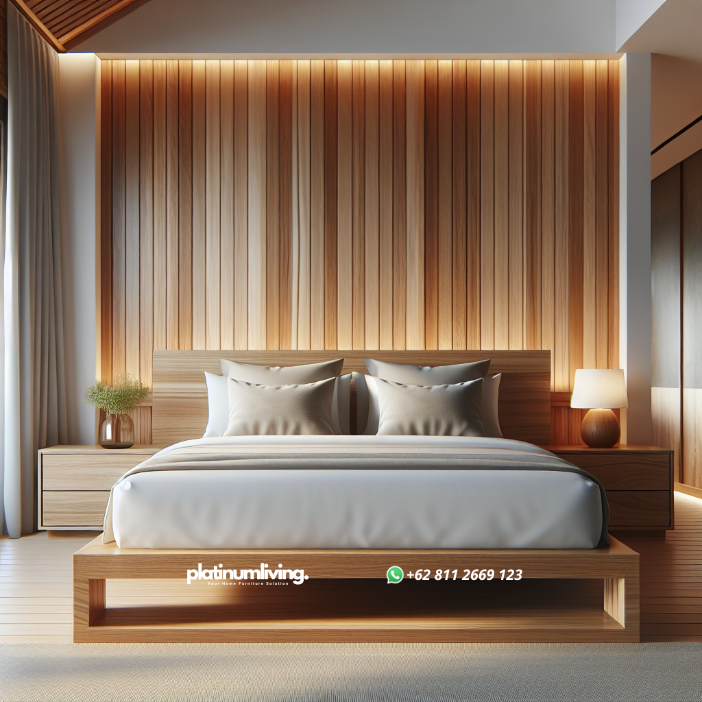 Tempat tidur minimalis bahan jati di kamar villa estetis