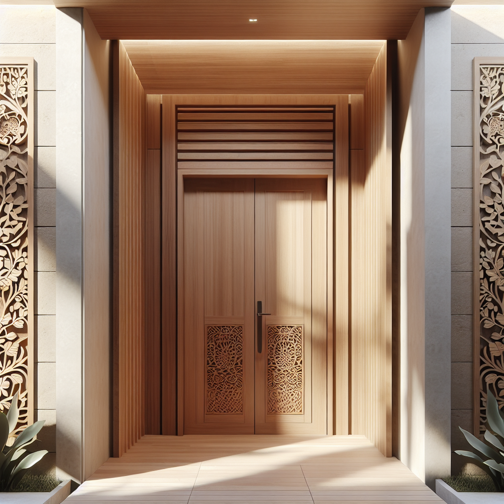 Pintu kayu jati Jepara desain modern di depan rumah minimalis