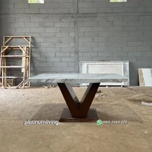 Meja Makan Marmer Kaki V Jati