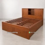 Tempat Tidur Kayu Jati Minimalis Laci Bawah & Rak Headboard