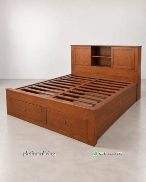 Tempat Tidur Kayu Jati Minimalis Laci Bawah & Rak Headboard